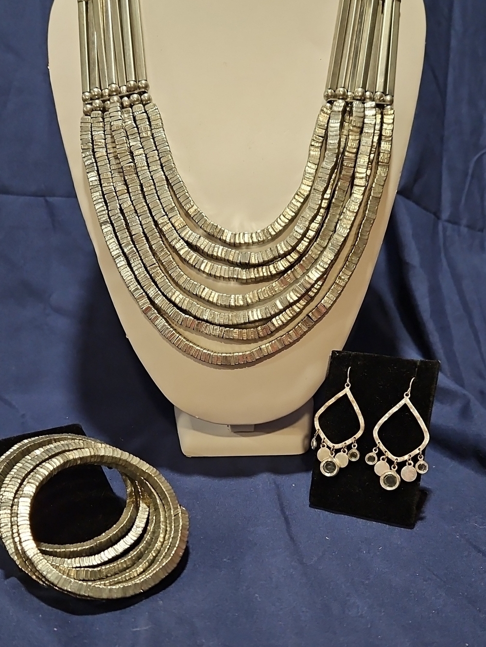 Silver-Tone Multi-Strand Necklace Set with Earrings and Spring Bracelet